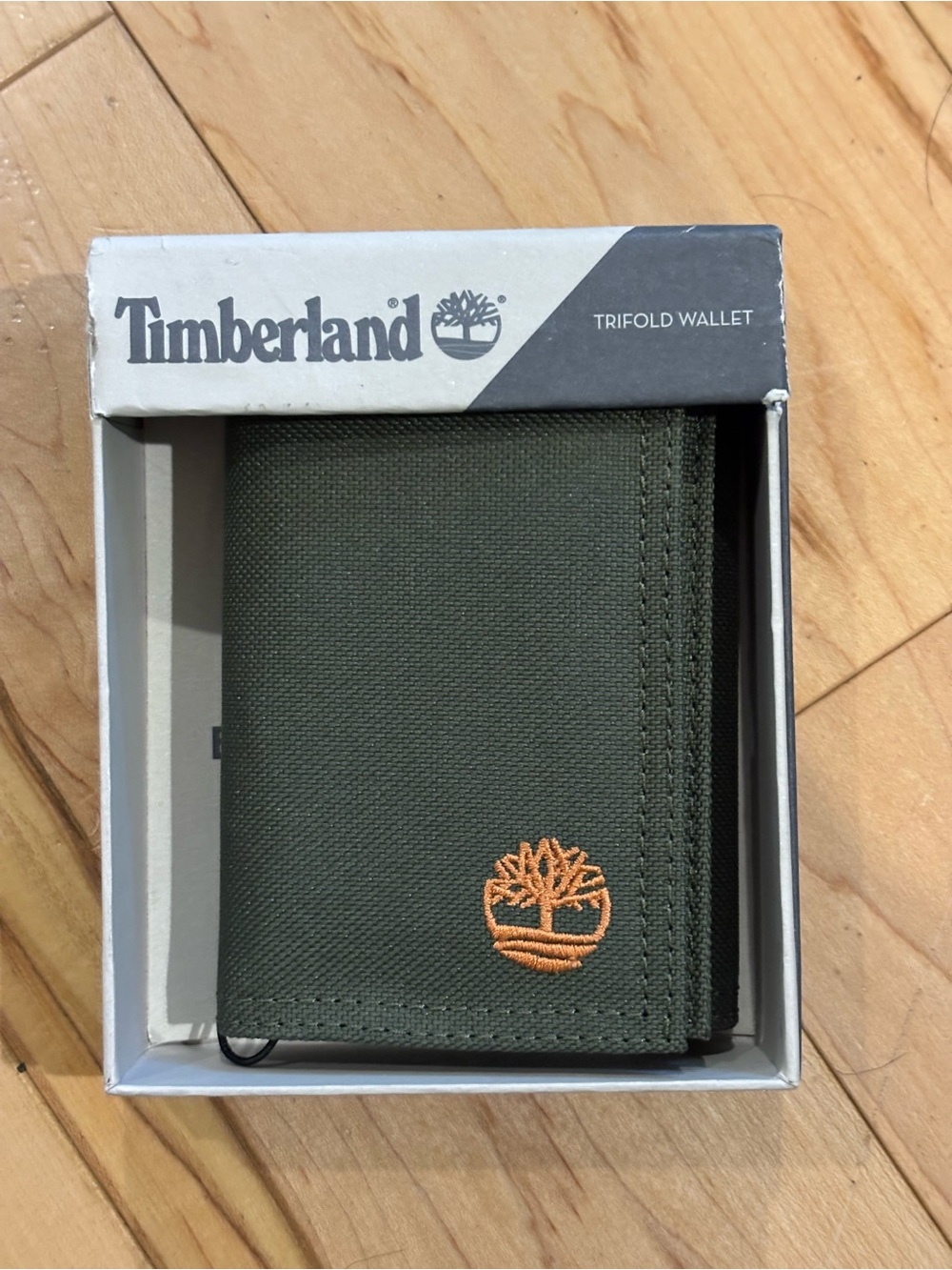 Timberland Olive Green Trifold Wallet with Orange Logo